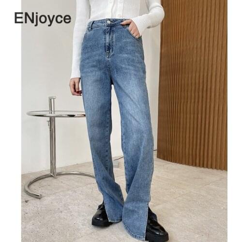 Women Classic Blue High Waist Jeans Korean Style Wide Split Leg Casual Straight Harem Trousers Loose Denim Pants New Spring 2021