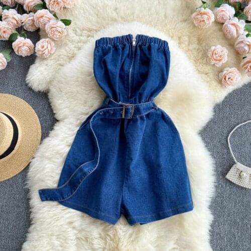 Retro jeans female design sense zipper slim short pants sexy tube top jumpsuit