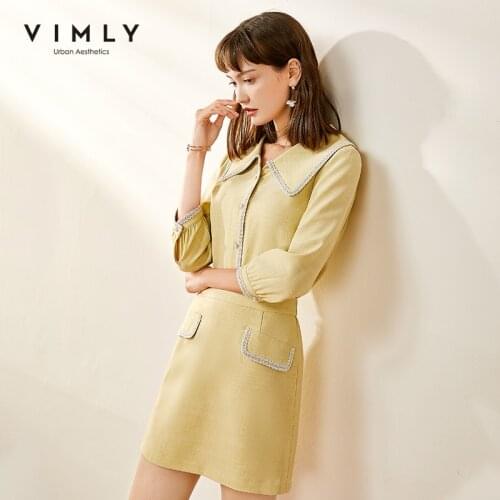 Vimly Two Piece Set Women Office Lady Vintage Three Quarter Single Breasted Blouse A Line Skirts Autumn Vetement Femme F0023