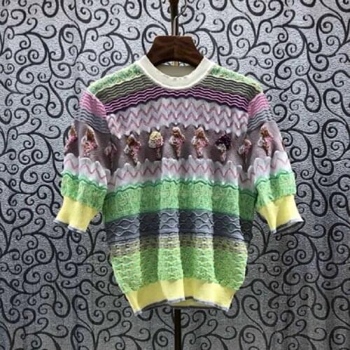 High Quality Sweaters 2021 Spring Summer Autumn Pullovers Women Color Block Knitting Short Sleeve Casual Jumpers Ladies Tops