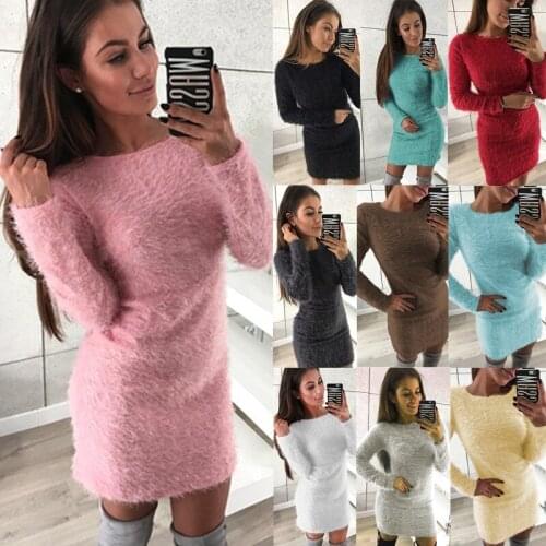 2021 New Dress Winter Lady Sweater Thick Dress Long Sleeve Round Neck Plush Dress Knitted Sweater Single Wear Lining Dual-Use