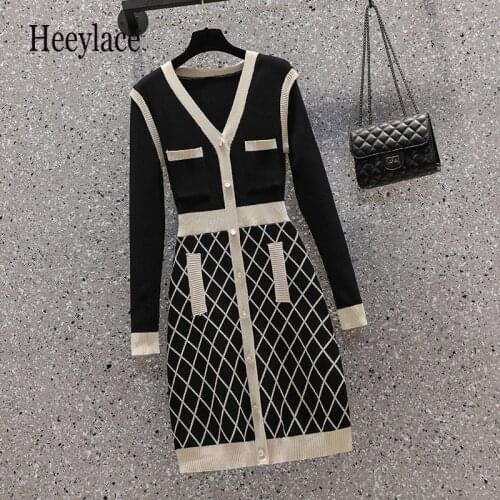Plus Size Women Knitted Sweater Dresses Autumn Winter Long Sleeve Plaid Patchwork V Neck High Waist Bodycon Vestidos 4XL Dress