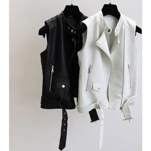 Leather Vest Womens Spring Autumn New Leather Jacket Stand-up Collar Belt Body Warmer Locomotive Sleeveless PU Leather Vest