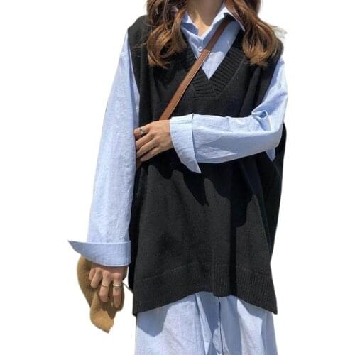 Sweater Vest Women Solid V-neck Loose Plus Size 3XL Simple Classic Elegant Office Ladies Vests Ulzzang Chic Leisure New Knitting