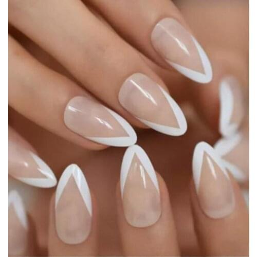 24pcs V-shaped Nail Patch White Edges Glue Type Removable Long Paragraph Fashion Manicure Save Time False Nail Patch DL