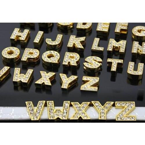 260pcs 8mm Gold color letters diy slide charm Gold color zinc alloy and Clean rhinestone stocked as gift