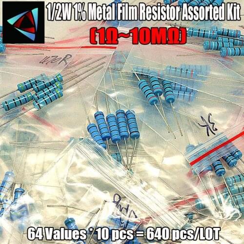 640pcs 64 Values 1/2W 1% 1R-10M Ohm Metal Film Resistor Assorted Kit pack