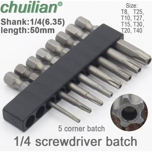 1/4 Inch Magnetic Pentacle Star Head Screwdriver Bits Pentalobe Electric Screwdriver Bit Hand Tools 25mm Length T10-T40