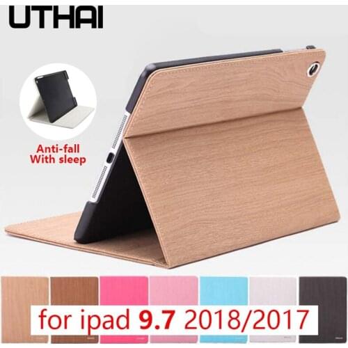 UTHAI E028 New Wood Grain Cover for ipad 9.7 2018/2017 Wood Grain Cover, Mini Tablet PC Holster, PU Leather Sleep Resistant