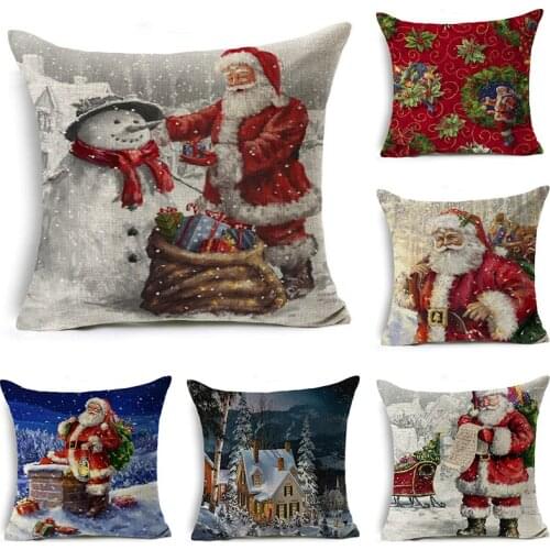 Happy New Year Christmas Decoration Throw Pillow Cover For Couch Sofa Home Decor Retro Santa Claus Cushion Cover 45cm Pillowcase