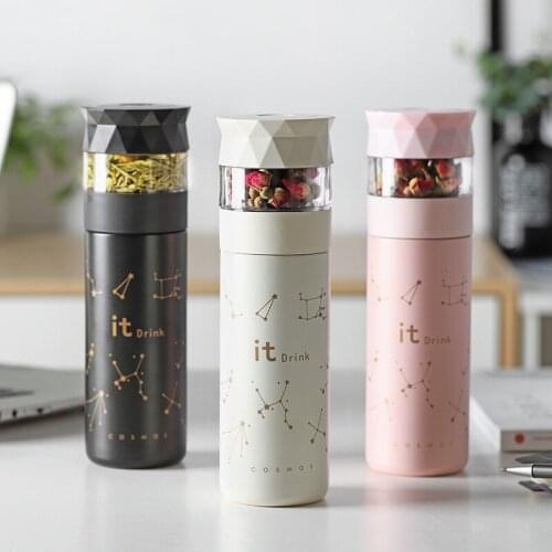 Creative Stainless Steel Thermos Cup Vacuum Flask Heat Preservation Tea Strainer Separation Infuser With Button Portable Mug