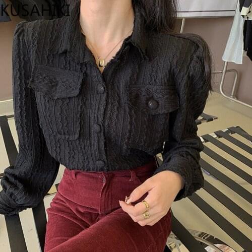 KUSAHIKI Spring New Women Knitted Blouse Coat Causal Long Sleeve Turn-down Collar Shirt 2021 Korean Fashion Clothing 6F588