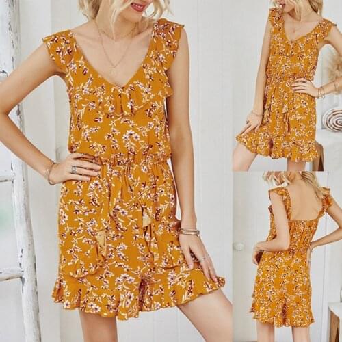 Summer V-Neck Yellow Backless Ruffled Pleated Slim Suspenders Jumpsuit Shorts