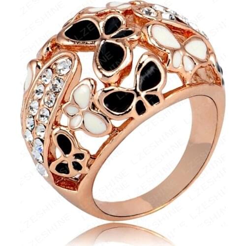 Lokaer Trendy Paint Drip White Black Glaze Butterfly Rings Micro Pave CZ Crystal Animals Ring Jewelry For Women Girls Ri-HQ0210