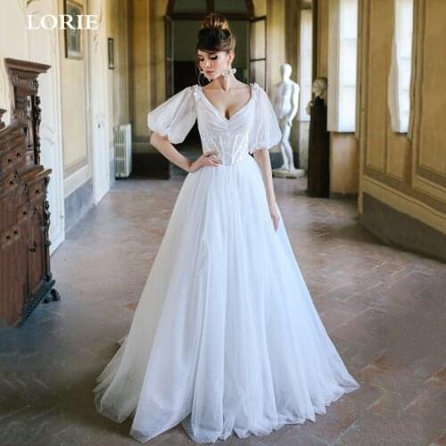 LORIE New Design Puff Sleeve Point Tulle Wedding Dresses Open V Back Lace Bride Dresses Train Weddding Gowns Plus size