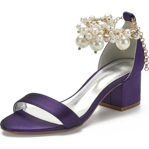 Sweet block heel lady girl satin evening dress shoes pearls ankle strap bridal wedding sandals lower thick heel prom party pumps