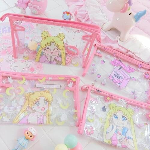 Cartoon Pink Waterproof Cosmetic bag Transparent Pouch Girls Travel Storage Bags Anime