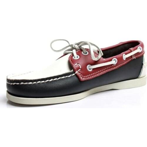Men Women Genuine Leather Docksides Classic Boat Shoes,Homme Femme White-Red Plus Big Size 36-46 Brand Flats Loafers 2019A080
