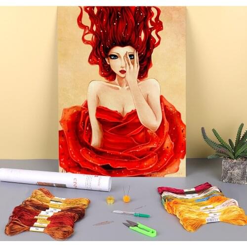 Cartoon Girl Woman Printed Water-Soluble Canvas 11CT Cross Stitch Embroidery Complete Kit DMC Threads Hobby Different