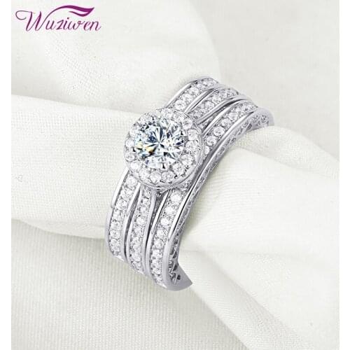 Wuziwen 3Pcs 925 Sterling Silver Wedding Rings For Women Engagement Ring Set 2.4 Ct Round AAAAA Zircon Classic Jewelry Size 5-12