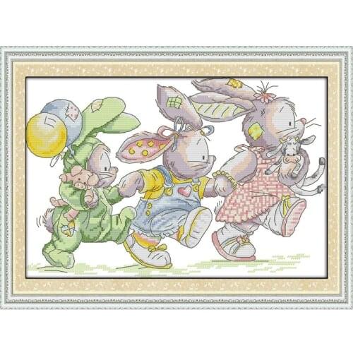 The Lovely Rabbits Cute Cartoon Baby Room Decor Chinese Counted Printed Pattern Cross Stitch Kits Embroidery Needlework Sets