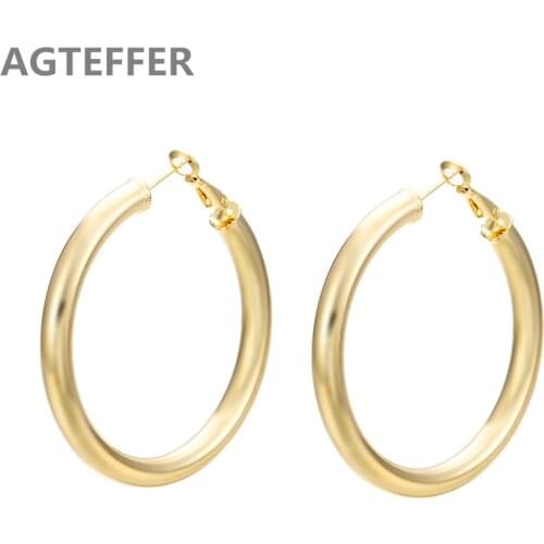 AGTEFFER New 24k Gold Hoop Earrings Flat Circle For Women Best Gift Wholesale High Quality Jewelry Gifts