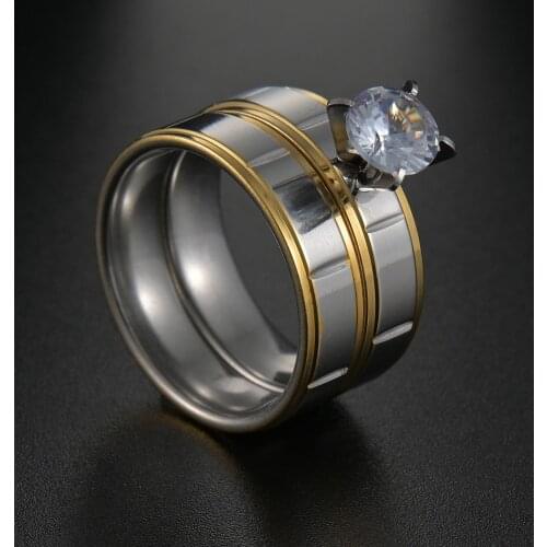 Stainless Steel Wedding Band Ring for Women Men CZ Engagement Zircon Promise Rings Couple Set Anniversary Valentines Day Gift