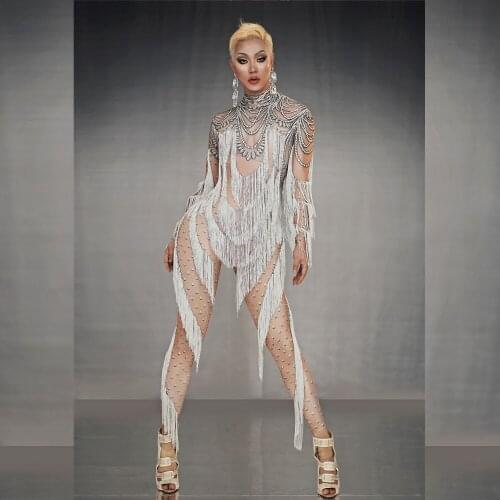 Nightclub Party Celebration Stretch Skinny Tassel Jumpsuit Women Sexy Nude Print Fringes Bodysuit Pole Dance Leotard Stage Wear