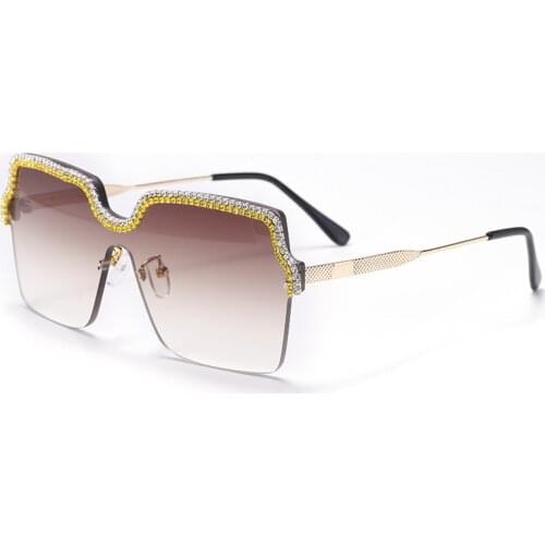 Diamond One Piece Oversized Sunglasses Women Luxury Designer Rhinestone Rimless Sun Glasses UV400 Goggle Eyewear