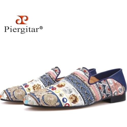 Piergitar 2019 Handmade Mixed Colors Sequin men loafers with back stitching sheep leather can be worn as men slippers plus size