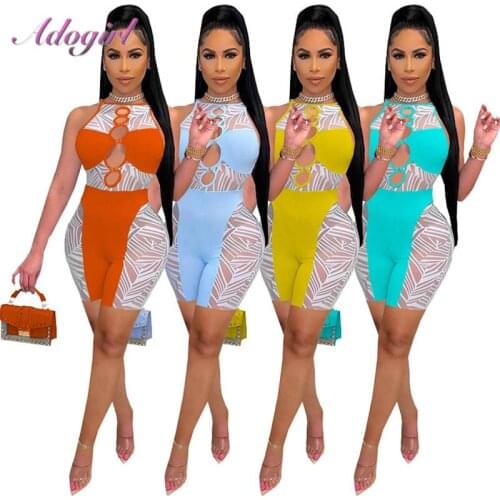 Sexy Sheer Mesh Patchwork Hollow Out Sleeveless Party Club Jumpsuit Women Leaves Print Summer Outfit Playsuit Overalls Rompers