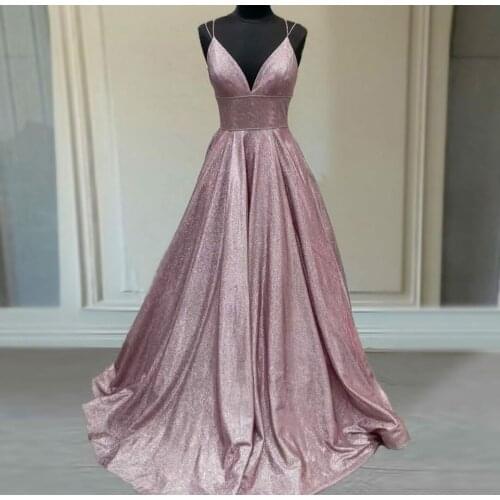 Sexy Long A-Line V-Neck Prom Dresses with Pokcets Strappy Back Robe De Soiree Floor Length Glitter Formal Party Gown for Women