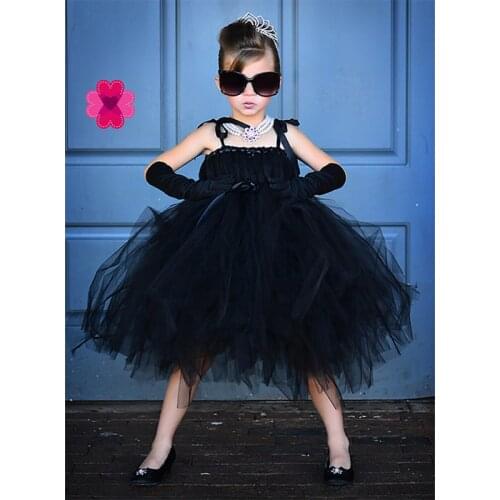Retro Girls Party Evening Tutu Dress For Birthday Knee Length Cute Baby Girls Black Handmade Dress For Photo props PT81