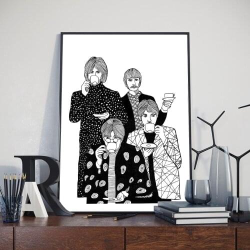 Self-adhesive Wall Sticker Nordic Abstract Drinking Tea Art Posters Black White Four Man Wall Pictures For Living Room Decor