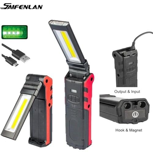 USB Rechargeable Working Light Dimmable COB LED Flashlight Inspection Lamp with Magnetic Base & Hook Outdoor Power Bank