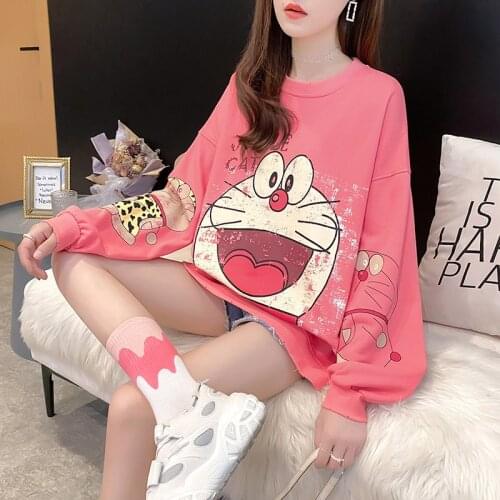 Cartoon print hoodie women spring and autumn tide new long-sleeve T shirt Korean version of the loose top large size women trend