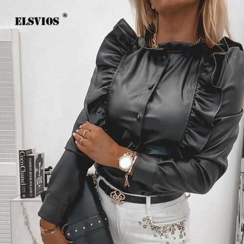 Spring Slim Long-Sleeved Elegant Tops Fashion Vintage Ruffled PU Leather Blouse Women O Neck Buttons Houndstooth Hedging Blouses