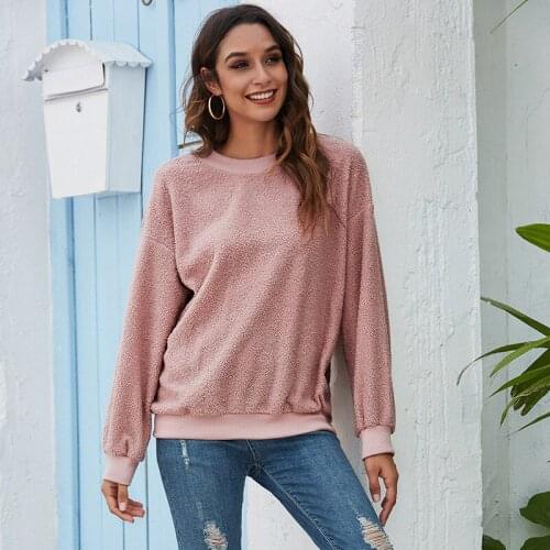 Womens Hoodies Autumn and Winter Solid Color Round Neck Pullover Lantern Sleeves Womens Sweater Casual Loose Long Sleeves Top