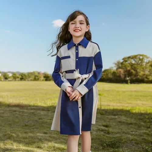2021 Dresses For Girls Long Sleeve Single Breasted Mid Length Gown With Belt Kids Vintage Casual Birthday Party Dresses Clothing