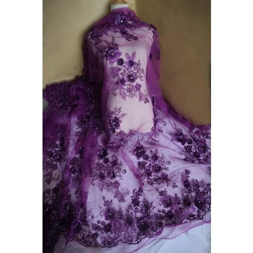 3 yards dark purple 3D flowers lace fabric, 3D beads lace appliques mesh embroidered lace fabric for bridal wedding fabrics