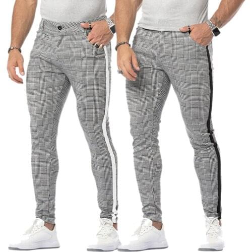 Running Mens Plaid Pants Mens Skinny Pencil Black white edge Pants Slim Mid Waist Trouser Men Loose Casual Jogger Long Pants