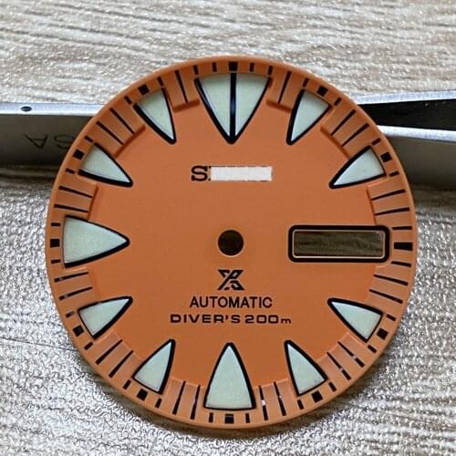 Watch Parts 28.7mm Orange/Red Dial Luminous Marks Date Week Display Watch Dial for NH36 Automatic Movement