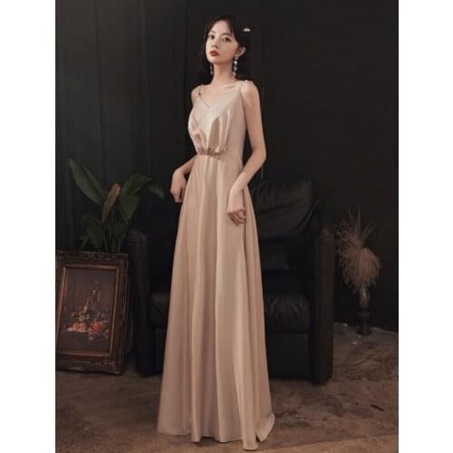 Elegant French Style Champagne Spaghetti Strap Evening Dress Sexy Backless Long Evening Party Dress Cheongsam Vestidos De Festa