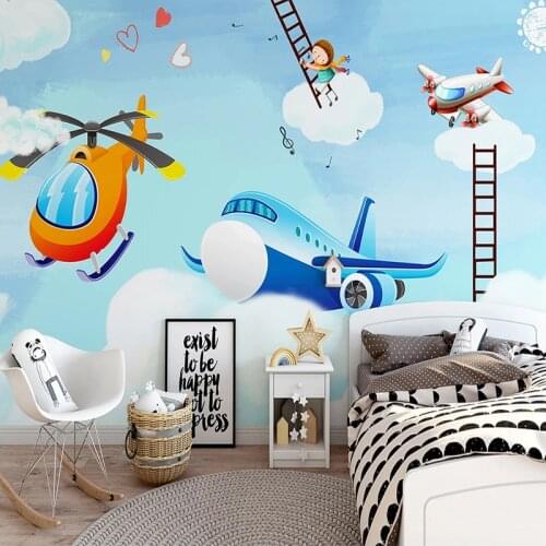 Custom Photo Wallpaper Blue Sky White Clouds Cartoon Airplane Children Room Boys Bedroom Wall Decoration Mural Modern Wall Paper