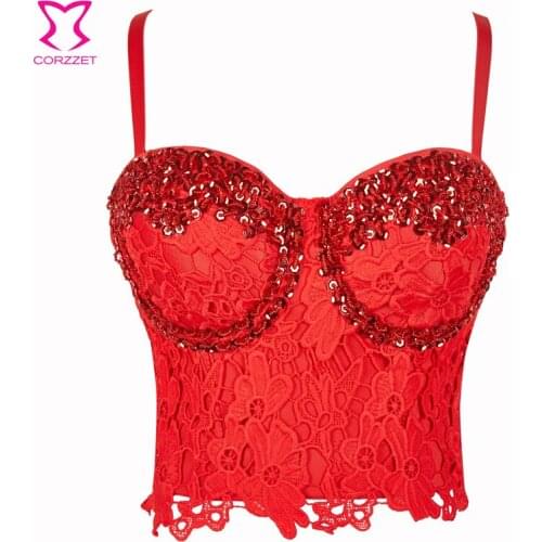 Corzzet Gothic Red Flora Lace And Sequined Push Up Steampunk Punk Sexy Bustiers Top Club Dance Bras