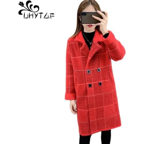 UHYTGF Cardigan For Women Mink Fleece Autumn Winter Sweater Coat Fashion Plaid Double Breasted Thicken 3XL Plus Size Jacket 1474