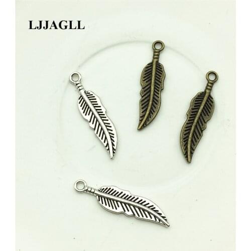 LJJAGLL 30pcs Metal Antique Bronze Silver 7*30mm Leaves Charms Wing Feather Pendant Jewelry Earrings Diy Making AZW003