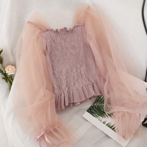 2021 Sweet Fashion All-match Japanese Ruffles Pleated Short Slim Autumn Winter Fairy Yarn Mesh Shirt