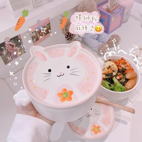 Cute soft cute rabbit ceramic bowl with lid