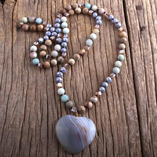 RH Fashion Boho Jewelry Natural Stones Long Knotted With Semi Precious Heart Pendant Necklaces Femme Bohemia Necklace Gift